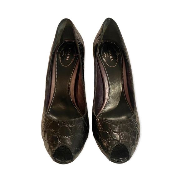 PRADA Croc Embossed Peep Toe Heels, Size 7 - Picture 2 of 7